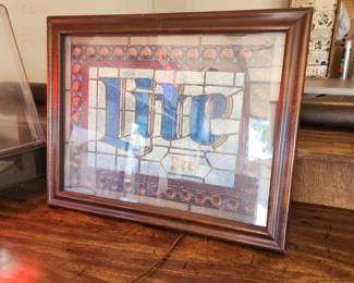 1980's Miller Lite Beer Plastic Stained Glass Wood Frame Bar Light