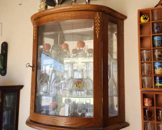 Wood Curved Glass Curio Cabinet Wall Mount or Table Top