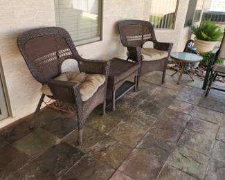 Pair of Espresso Wicker Chairs With Brown Cushion and Side Table