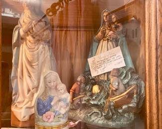 Lots of vintage religious statuary, crucifix, rosaries, chalk ware  