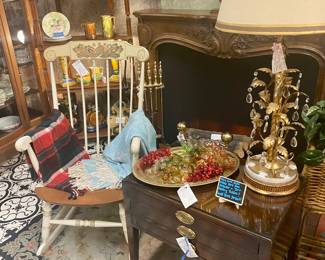 Lots of vintage lighting
Hooked rug
Painted rocker
Occasional table with one drawer and two folding tables
