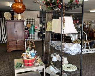 shelving, tables, hanging lights