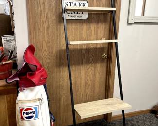 shelf, antique golf bag