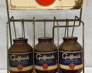 Gulf Oil Jar Rack Display with Nine Original 1-Quart Jars