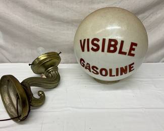 14-Inch Milk Glass Globe with ‘Visible Gasoline’ Lettering and Metal Wall Bracket