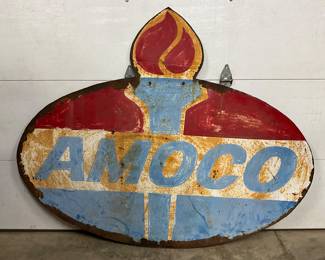 74×59 1/2 Double-Sided Heavy Metal Amoco Sign with Flame Design