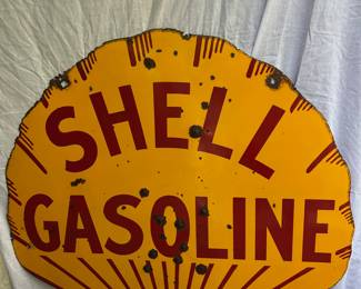 1929 DS PORC. CLAM SHELL GASOLINE SIGN