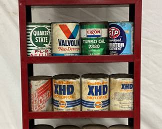 Metal Oil Rack with 16 Vintage 1-Quart Oil Cans