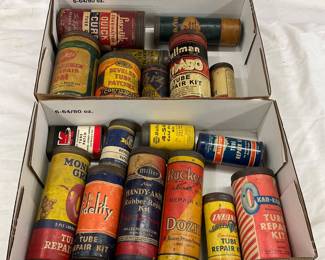 Vintage Tire Tube Repair Cans, Including Miller, Monkey Grip, Allstate, Goodyear, and Whiz