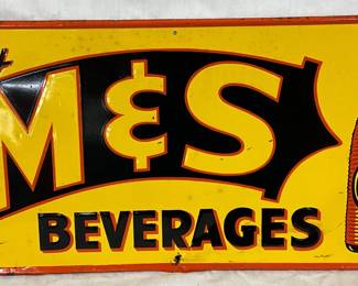 M&S Beverages Tin Advertising Sign, 1949, 24” x 12”