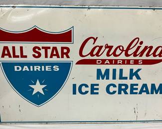 Metal Advertising Sign for All Star Dairies by Carolina Dairies, 35 1/2 x 24 Inches