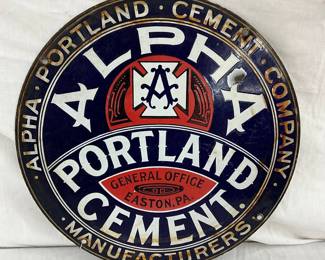 13-Inch Early Porcelain Alpha Portland Cement Sign with Heavy Shelving