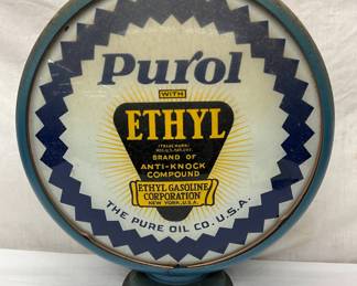 Purol with Ethyl Gasoline Gas Pump Globe with 15-Inch Lens and Metal Body