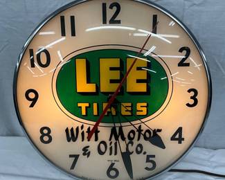 15-Inch Lighted Pam Clock Advertising Lee Tires and Witt Motor & Oil Co