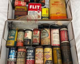 Vintage Automotive and Household Cans, Including Whiz, Shell, Firestone, and Others