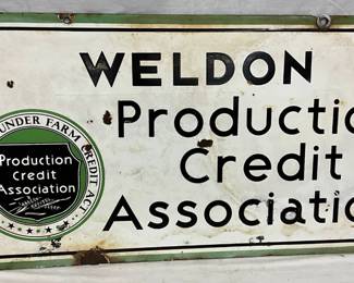 Double-Sided Weldon Production Credit Association Porcelain Sign, 36 x 18 Inches