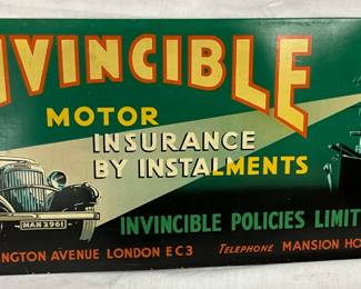 20 x 9 1/2 Inch Invincible Motor Insurance Metal Advertising Sign with Car and Ship