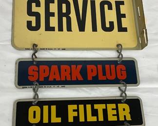 1947 AC Service Flange Sign with Spark Plug, Oil Filter, and Fuel Pump Panels
