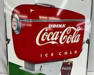 Coca-Cola Porcelain Advertising Sign with Cooler Graphic, 27 in.