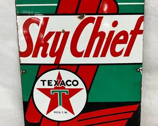 1951 Single-Sided Porcelain Texaco Sky Chief Gasoline Pump Plate, 12 x 18 Inches