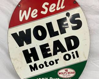 1960 Two-Sided Wolf’s Head Motor Oil Metal Sign, 23 x 30 Inches