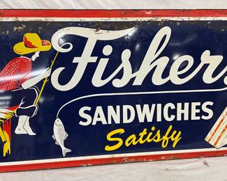 48X24 Fisher Sandwiches Self-Framed Metal Advertising Sign, Circa 1965