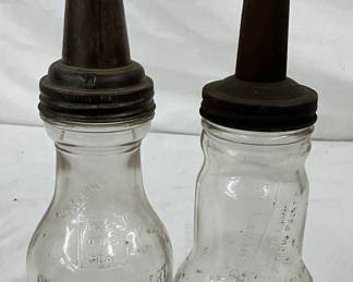 Two Vintage One-Quart Glass Bottles with Metal Spouts