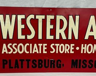 Embossed Western Auto Metal Sign, Plattsburg, Missouri, 35 1/2 x 11 1/2 Inches