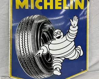 1939 Porcelain Michelin Man Sign with Tire Motif, Single-Sided, Self-Framed, 26 x 30 Inches