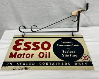 Vintage Esso Motor Oil Tin Advertising Sign with Hanging Bracket, 18 x 10 inches