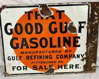 22 x 18 Porcelain ‘Good Gulf Gasoline’ Double-Sided Flange Sign