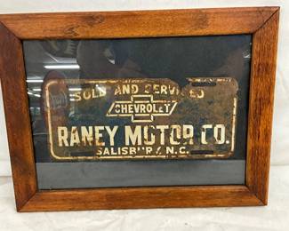 Framed 12” x 5” Chevrolet Dealer Plate from Raney Motor Co., Salisbury, North Carolina