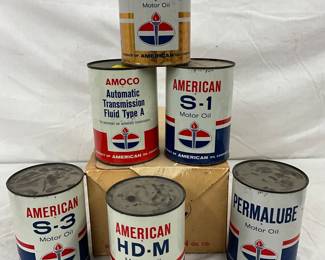 American Oil Company Salesman Sample Kit with Six 1-Quart Motor Oil Cans