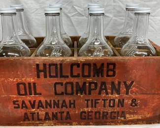 Eight Holcomb Oil Company Emb. Bottles with Wooden Crate, 19” x 9 1/2” - Atlanta Georgia