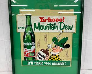 NOS 17 1/2 x 17 Embossed Mountain Dew Easel Back Sign in Frame