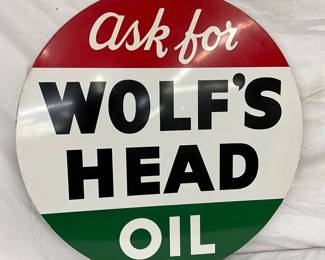 36-Inch Double-Sided Wolf’s Head Oil Swinger Sign, Dated 1957