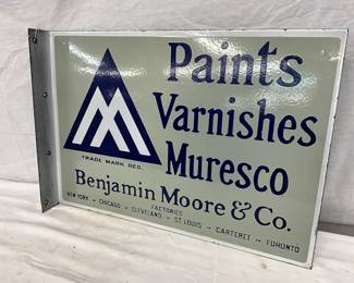 NOS Benjamin Moore & Co. Porcelain Double-Sided Fling Sign, 20 x 14 Inches