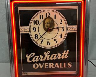 Carhartt Overalls Neon Advertising Clock by Neon Products Inc., 15in x 17in