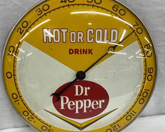 1963 Dr Pepper Hot or Cold Thermometer by Pam Clock Company, 12-Inch Glass Front