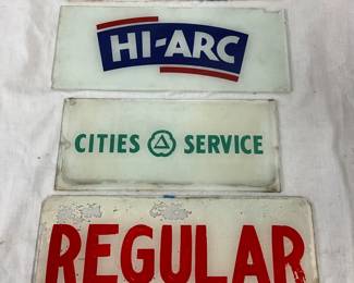 Four Original Gas Pump Inserts Featuring Ethyl, Hi-Arc, Cities Service, and Regular