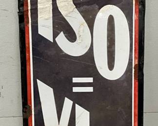 Porcelain ISO Equals VIS Motor Oil Sign, Cookie Cutter Design, 16×60.5 Inches