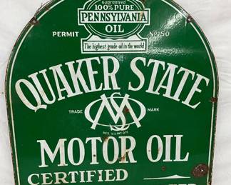 26 1/2 x 29-Inch Double-Sided Porcelain Quaker State Motor Oil Tombstone Sign
