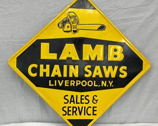 33IN. NOS Embossed Metal Sign for Lamb Chain Saws, Liverpool, N.Y.