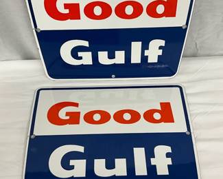 2 Porcelain Good Gulf Pump Plates, 11 1/2 x 8 1/2 Inches