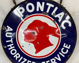 Single-Sided 42-Inch Porcelain ‘Pontiac Authorized Service’ Sign with Original Ring