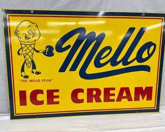 NOS 1968 Mello Ice Cream Tin Sign Featuring ‘The Mello Fello’, 36 x 24 Inches Double Sided