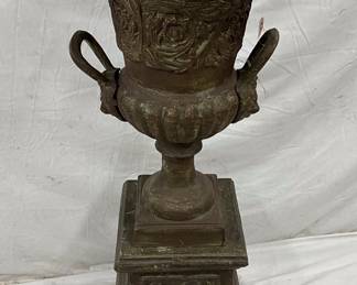 Two-Piece Bronze Garden Urn with Ornate Detailing, 19 x 42 Inches