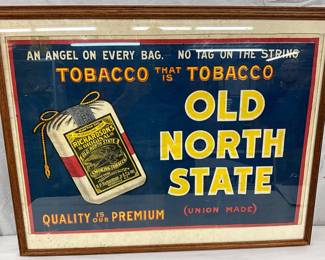Framed Original ‘Old North State Tobacco’ Adv Canvas, 29 x 19 1/2 Inches