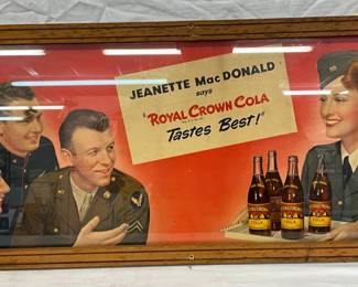 28X10 Framed Royal Crown Cola Cardboard Advertisement Featuring Jeanette MacDonald