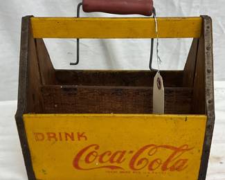 Wooden Coca-Cola Carrier with Metal Handle and Yellow Painted Graphics